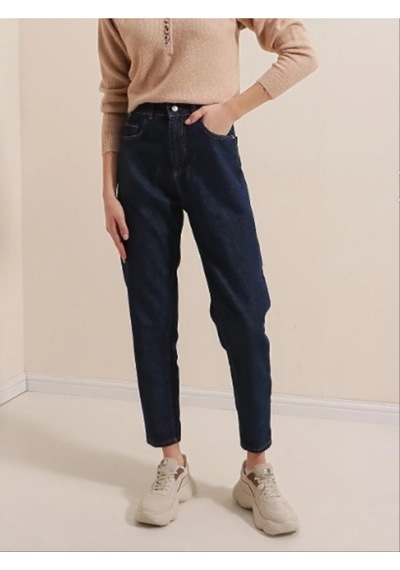 Likralı Denim Kumaş Kar Lacivert Mom Jeans Lacivert