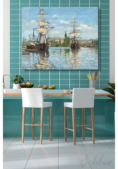 Yatay Kanvas Tablo Tekli Salon Mutfak Ofis Claude Monet Ships Riding On The Seine At Rouen