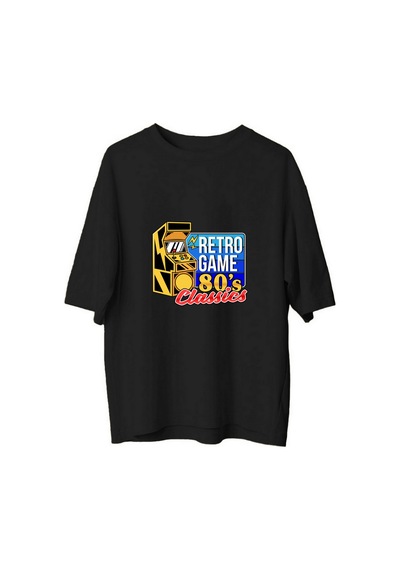 Paybuy Kadın Oversize Arcade Oyun Baskılı Tişört %100 Pamuk Rahat Kesim Siyah