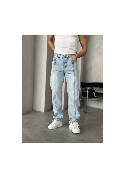 More Black Tasarım Kar Yıkamalı Dikişli Baggy Pantolon Mavi