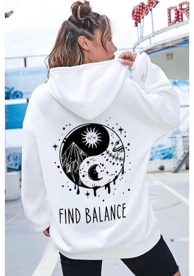 Uyguntarz Unisex Yin & Yang Tasarım Sweatshirt beyaz