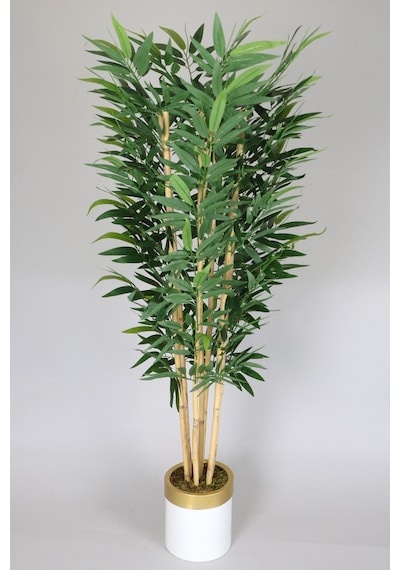 Metal Beyaz Gold Saksıda Yapay Bambu Ağacı Premium Iri Yapraklı 175 Cm
