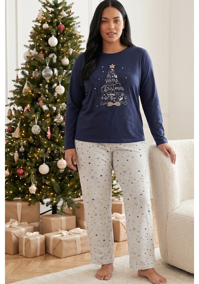 Siyah İnci Pamuklu Likralı Büyük Beden Battal Boy Örme Pijama Takım 26240937 Lacivert