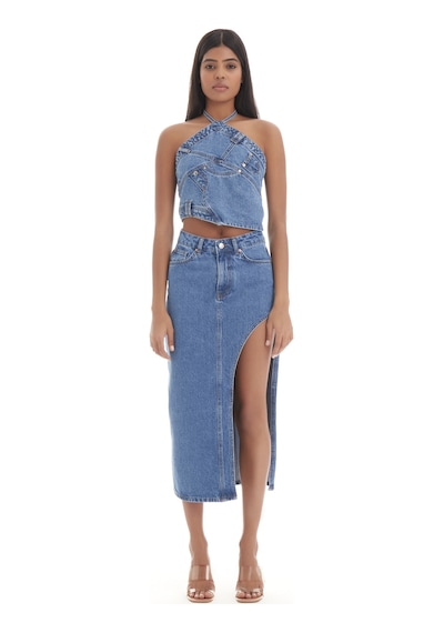 it's basic Kadın Mavi Kot Rengi Rosa Yandan Derin Yırtmaç Detaylı Uzun Denim Etek