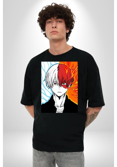 My Hero Academia Boku Anime Pamuklu Bisiklet Yaka Unisex Oversize Boyfriend Dijital Baskılı Siyah T-shirt Siyah