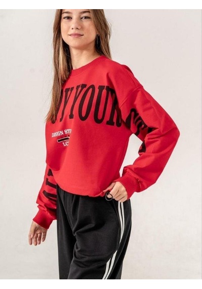 Kız Çocuk Enjoy Baskılı 2 İplik Sweatshirt-15351 Kırmızı