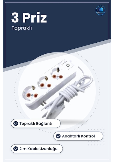 Grup Priz Uzatma Kablosu 3 Prizli Topraklı Anahtarlı 2 M Beyaz Ev 1 - 10 M