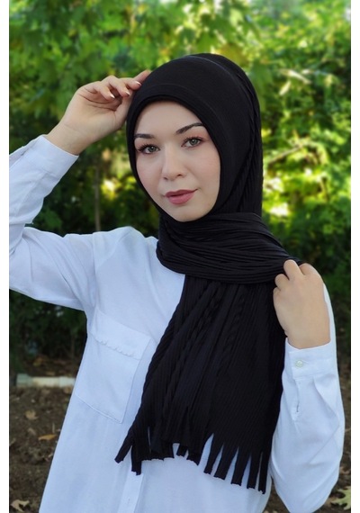 Moda Mevsimi Pratik Piliseli Pamuk Hazır Şal Siyah Siyah