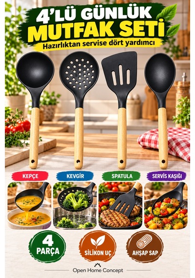 4 Lü Ahşap Saplı Siyah Silikon Mutfak Seti 31cm Kepçe Kevgir Spatula Servis Kaşığı Pişirme Ve Servis