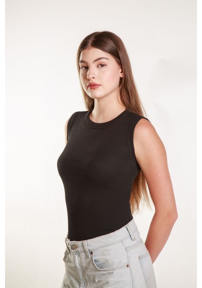 Mea Capio Kadın Siyah Fitilli Likralı Sıfır Kol Bisiklet Yaka Örme Atlet Tshirt Bluz Siyah
