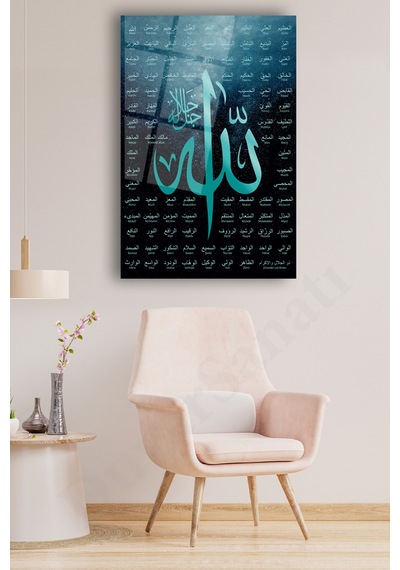 Allah'ın 99 İsmi Esmaül Hüsna Dini Dikey Cam Tablo Evlika Ev Ofis Salon Duvar Dekoru Hediyelik Büyük Tablo