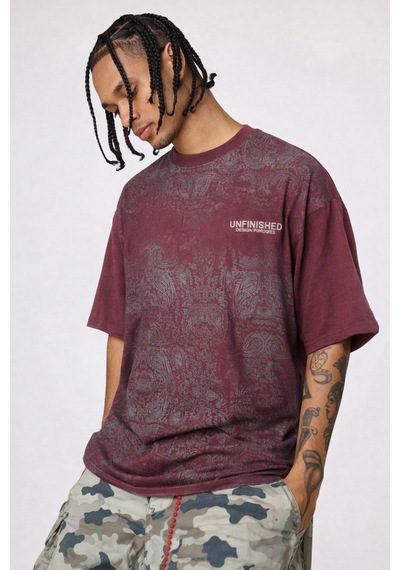Tarz Cool Erkek Oversize Tişört Never Stop Trying Baskılı Salaş Kalıp Bordo
