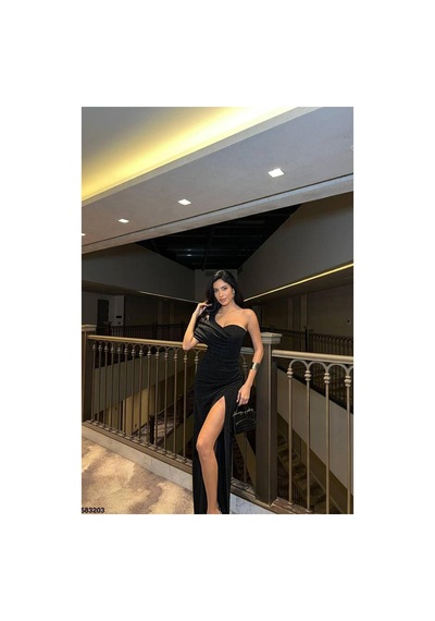 Lior Design Kadın Şık Model Tek Omuz Yırtmaçlı Abiye Elbise Siyah