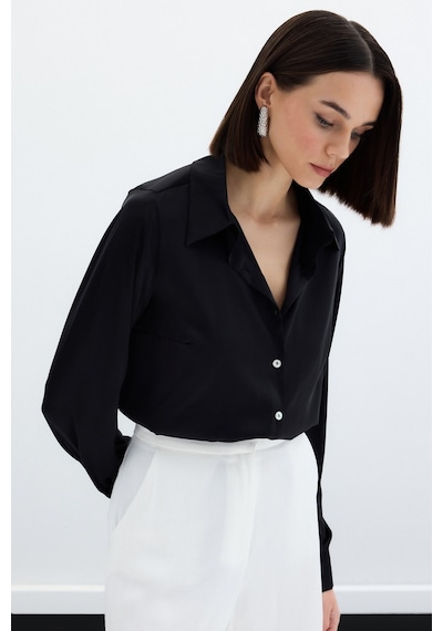Sateen Oversize Saten Gömlek - Siyah