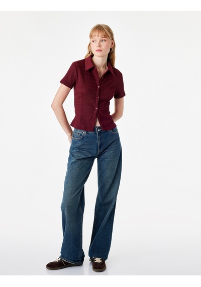 Koton Regular Fit Kısa Kollu Düğmeli Bürümcük Kumaş Polo Yaka Bluz Bordo 7wal60015ık