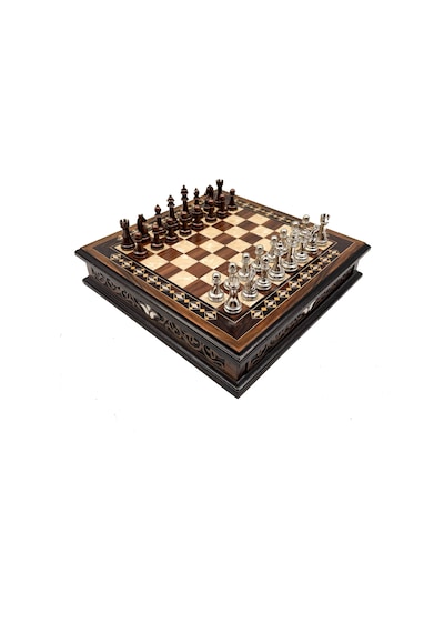 Özel - 396 - Tasarım El İşi Yuvarlak Satranç Tahtası Ve Metal Satranç Taşları Mcyv28 - Bakır-gümüş, - Muratech - Kahve Ta