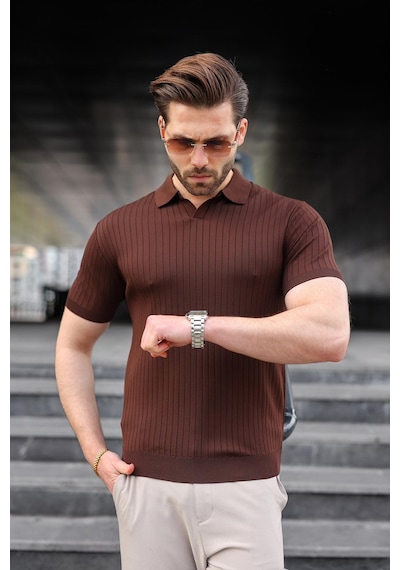 Madmext Kahverengi Polo Yaka Triko Erkek Tişört E7461 Kahverengi