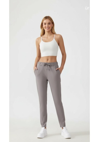 Move Yoga Pantolon Yüksek Bel Bağcıklı Rahat Kesim Spor & Günlük Alt Gri