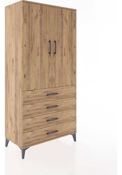 Hyperion Dolap Tek Raflı 4 Çekmeceli Tek Askılı 88x44x182 Çam... Çam
