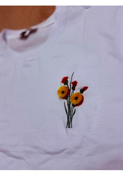 Yubistitch Tshirt Nakış İşlemeli 3d Çiçek-kalın- Beyaz