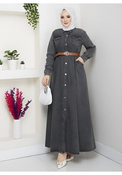 Hb Harma Time Butik Kadın Düğmeli Kemerli Denim Kot Siyah Elbise