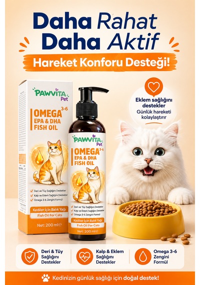 Pawvitapet Kediler Için Omega 3-6 Balık Yağı Tüy Ve Deri Bakımı Epa Dha Destekli 200 ML