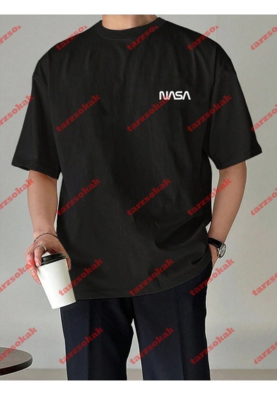 Tarzsokak Unisex Nasaa Baskılı Tshirt Beyaz Siyah