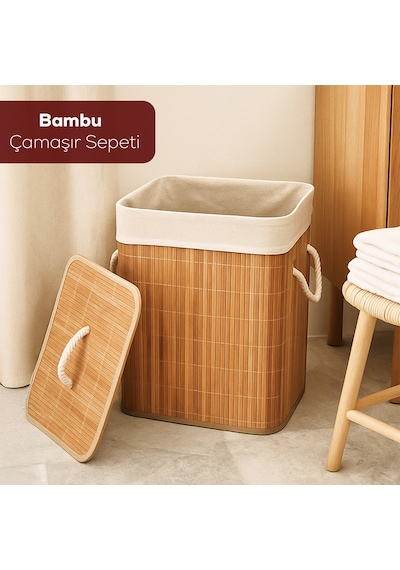 Porsima Pbt-053 Kapaklı Kirli Çamaşır Sepeti Dikdörtgen - Bambu Kirli Çamaşır Sepeti Bambu