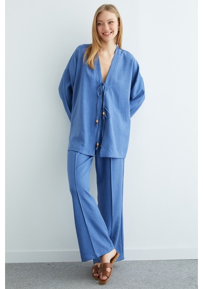 Fullamoda Önü Bağlamalı Keten Kimono 2 Li Takım İndigo