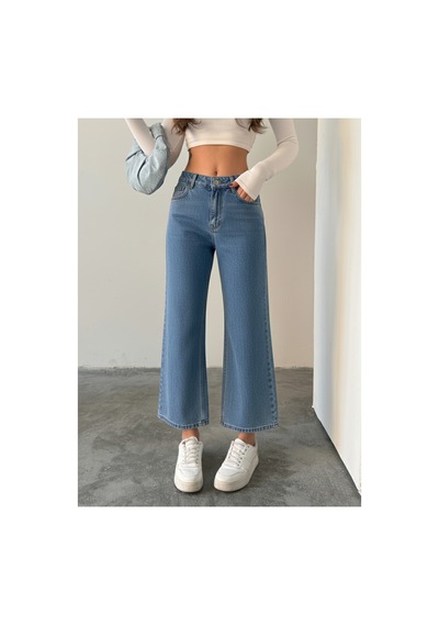 Blue Marlın Mavi Yüksek Bel Bilek Boy Kot Bol Paça Jeans Mavi