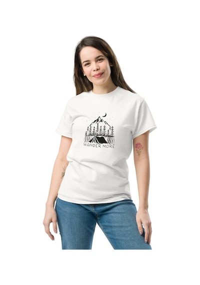 Wildstyle Wander More Gezgin Dağ Kamp Çadır Doğa Baskılı Unisex Pamuklu Tişört Beyaz