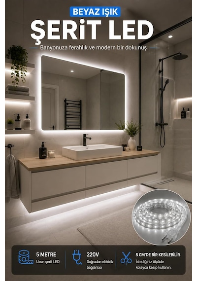 Tr 5 Metre Beyaz Şerit Led, 220v, 5 Cm'de Kesilebilir, Dekoratif Aydınlatma Diğer