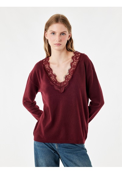 Koton Dantel Detaylı Regular Fit V Yaka Uzun Kollu Triko Kazak Bordo 7wal90144ıt