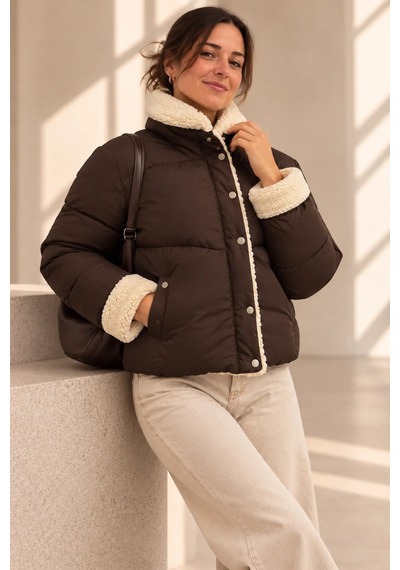 Bb Butik Basic Kadın Kürk Detaylı Fermuarlı Şişme Mont My3535 Kahverengi