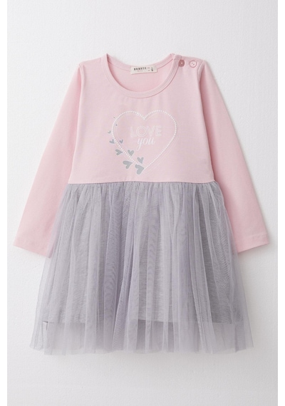 Breeze Kız Çocuk Uzun Kollu Elbise Yazı Baskılı Kalpli 1.5-5 Yaş, Pembe Pembe