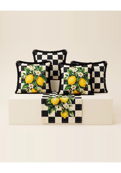 Damalı Limon Desenli Runner + 4 Lü Kırlent Kılıfı Kombin Seti 45 x 45