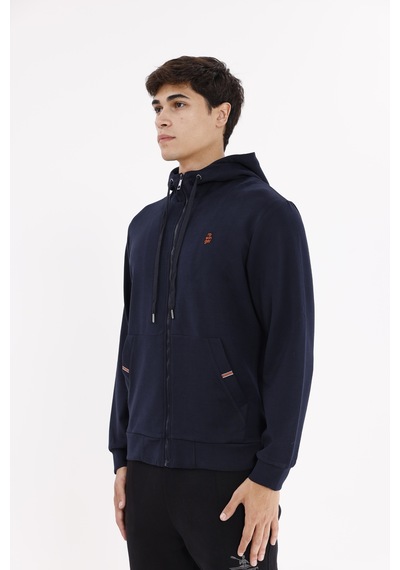 Rowinger Metal Uçlu Kordonlu Tam Fermuarlı Bölmeli Ön Cepli Küçük Nakış Logolu Rahat Kalıp Mevsimlik Kapüşonlu Sweatshirt Navyblue