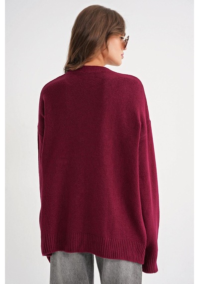 Hiccup Mixray Oversize Triko Kazak Bordo - Kırmızı