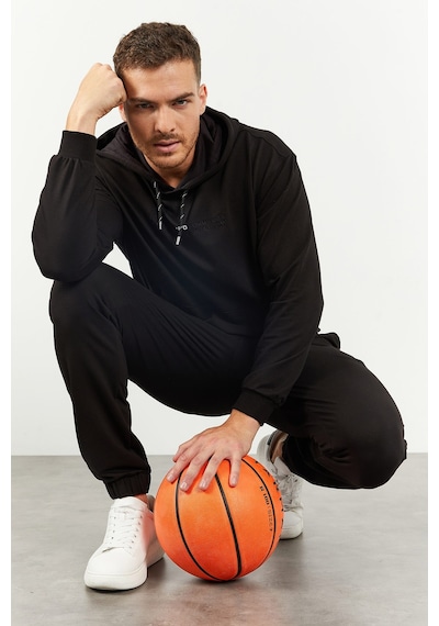 Tommy Life Siyah Kapüşonlu Kanguru Cep Lastik Paça Erkek Oversize Eşofman Takımı - 85117 Siyah