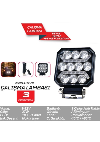 Off Road Çalışma Lambası 10 Led 3 Fonksiyonlu Beyaz 9-32 V 27w 3010582