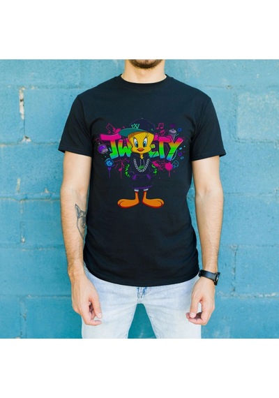 Freedom Store Tweety Graffiti Baskılı Unisex Siyah Oversize Tişört - 24/1 Penye