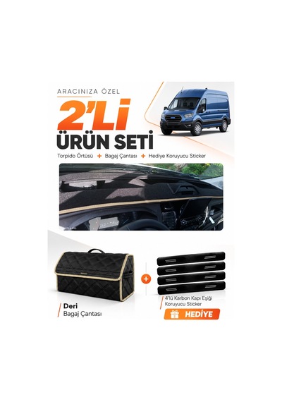 Ford Transit Tip 2 2020-2025 Uyumlu Torpido Örtüsü + Deri Bagaj Çantası + Sticker Seti - Siyah Bej