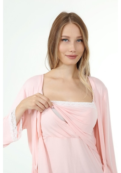 Luvmabelly Myra9650 Sabahlıklı Önden Bölmeli Dantelli Emzirme Geceliği -pembe-pembe