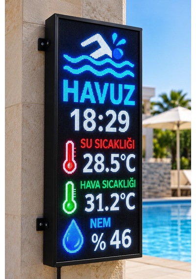 Sanec Havuz Saati Su Sıcaklığı, Hava Sıcaklığı Ve Nem Göstergeli Full Renkli Led Ekran, P5 Dış Mekan, Dikey Kasa Ölçüsü: 96x48 Cm