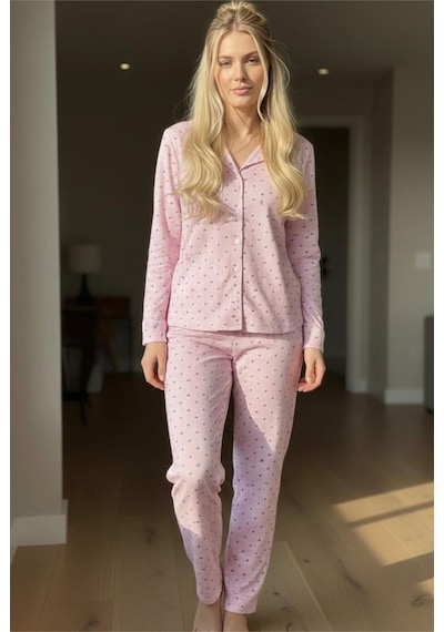 Siyah İnci Mevsimlik İnce Düğmeli Örme Pijama Takım 7978 Pembe Gri Çizgili