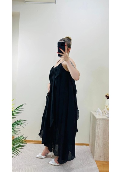 Elora Atelier Büzgülü Askılı Siyah Maxi Boy Elbise Çok Renkli