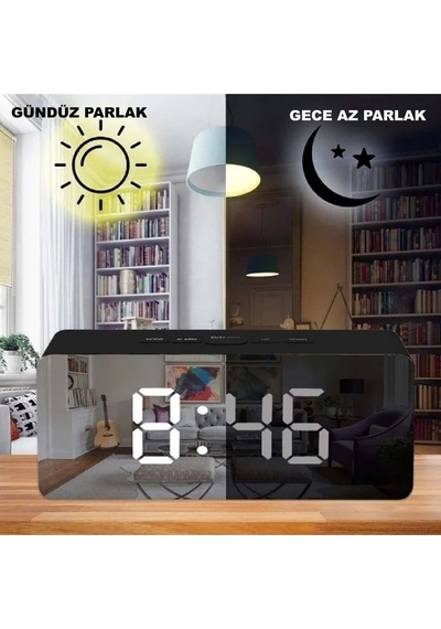 Akıllı Aynalı Dijital Saat Led Göstergeli, Alarm & Termometre, Usb/pil