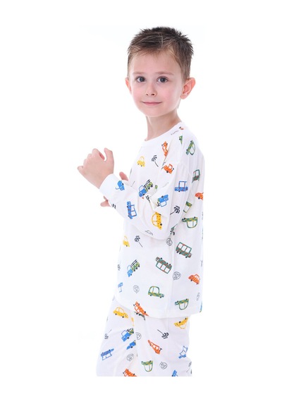 Zuzunga Renkli Araba Desenli Erkek Pijama Takımı Ekru