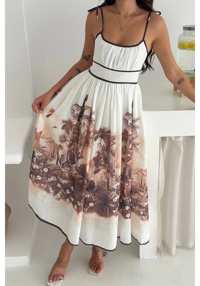 Asprin Fashion Desenli Keten Elbise Kahverengi Kahverengi