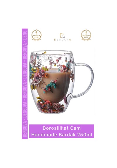 Borosilikatbardak Çift Camlı Kurutulmuş Çiçekli Borosilikat Isıya Dayanıklı Cam Handmade Kulplu Bar Çok Renkli